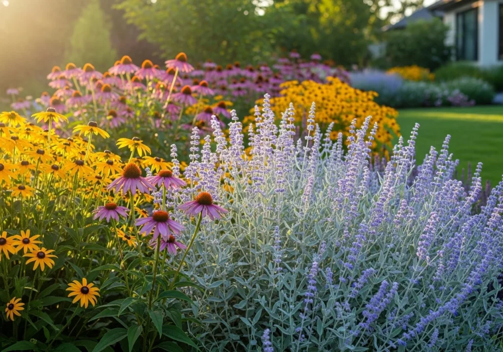 Silver-foliage plants like Lavender and Russian Sage.