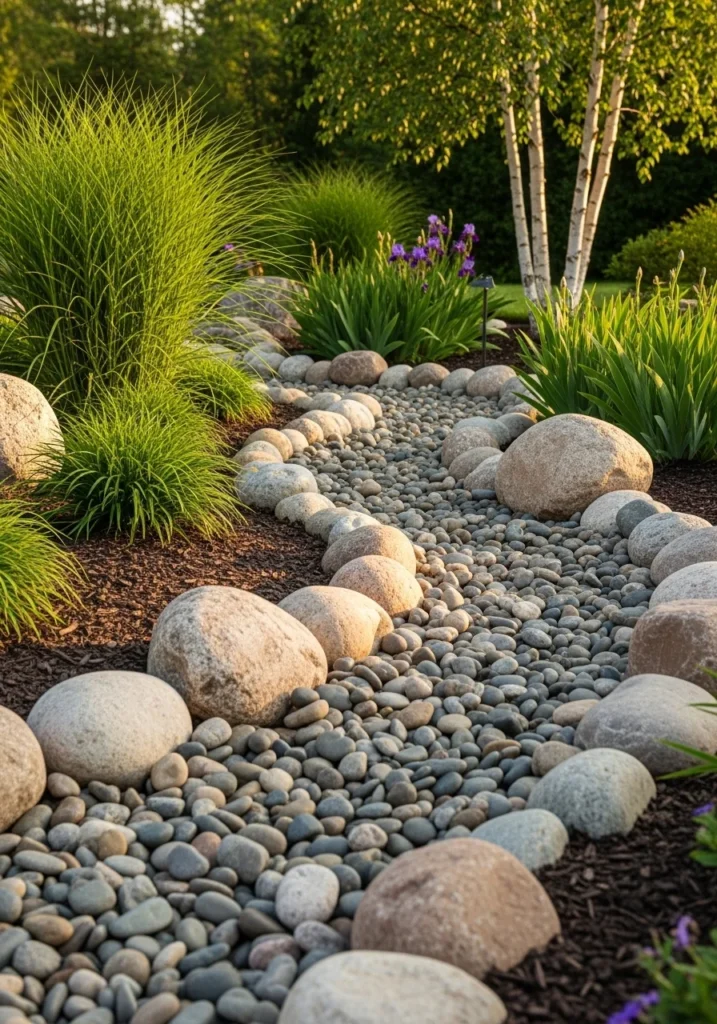 Dry creek bed landscaping with river rocks and ornamental grasses in backyard