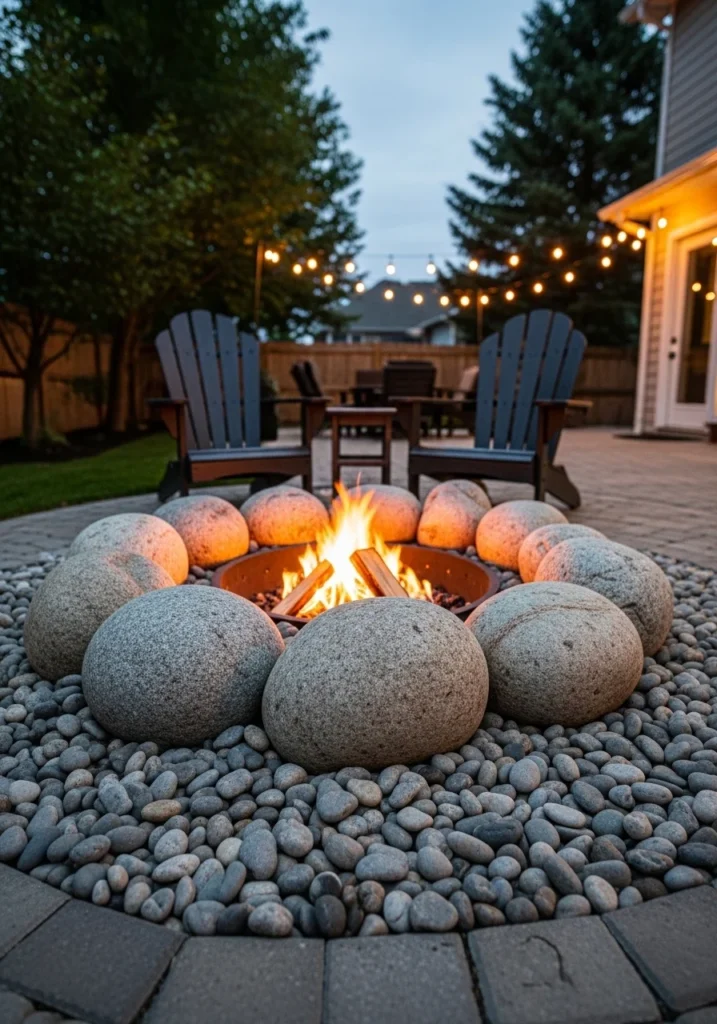 Backyard fire pit surrounded by a river rock circle in the evening