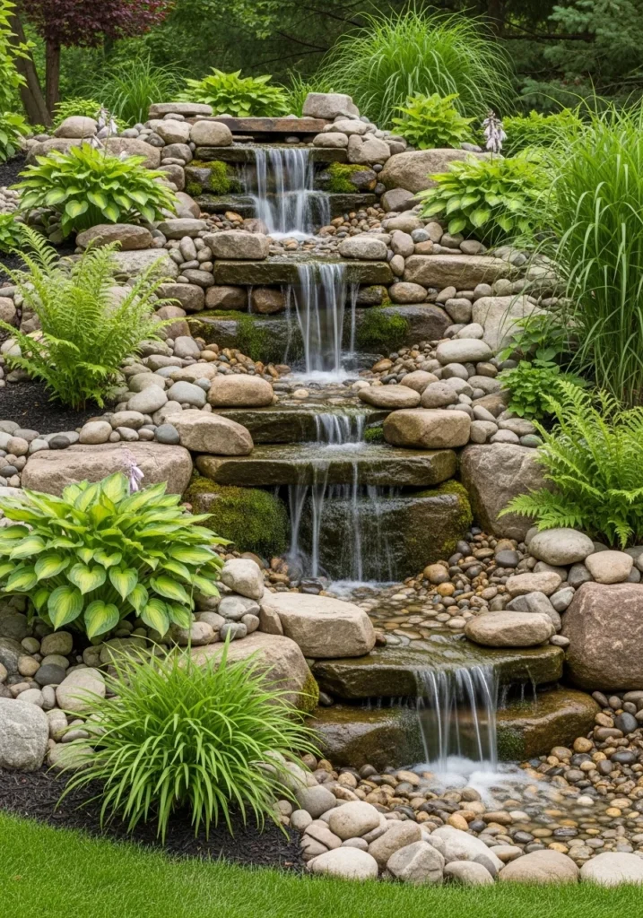 Stacked river rock waterfall feature on sloped backyard with ferns and hostas