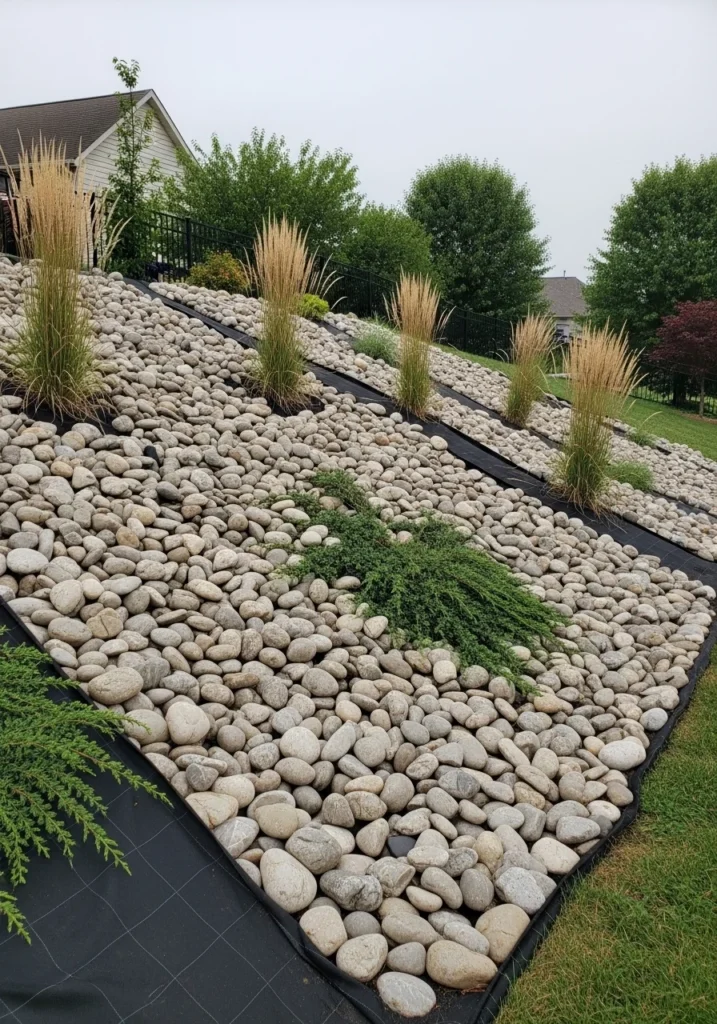 River rock erosion control on sloped backyard hillside with native plants