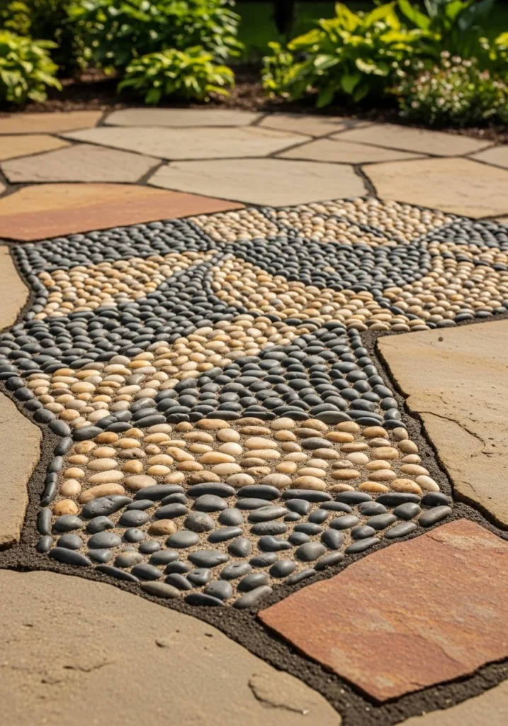 Handcrafted river rock patio mosaic with flagstone pavers in backyard