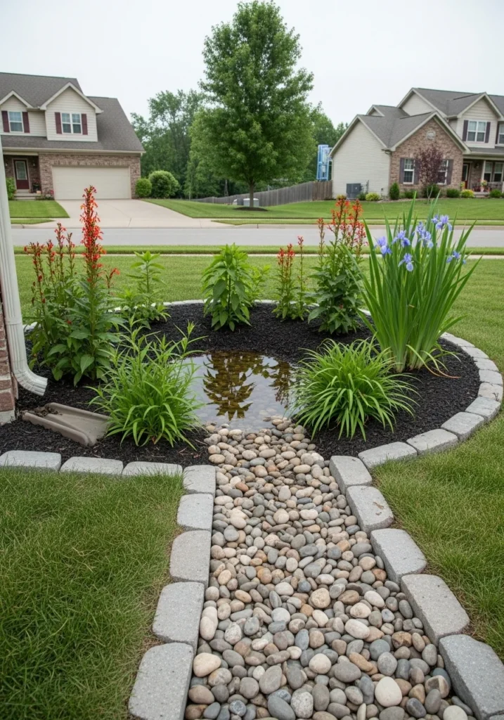 River rock rain garden with stone inlet and water-tolerant plants in yard