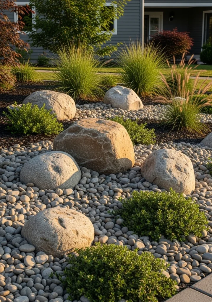 River rock landscaping with mixed stone sizes from boulders to pebbles