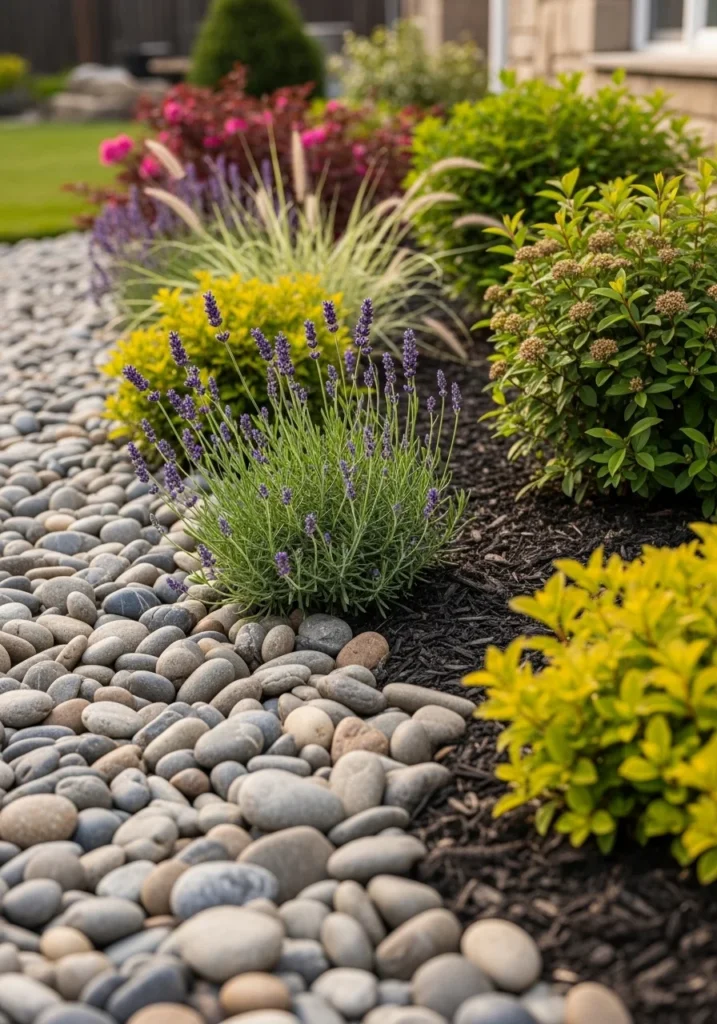 River rock mulch around shrubs and lavender in a garden bed