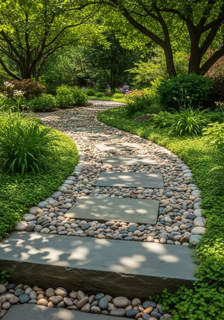 Winding river rock pathway with stepping stones through a garden