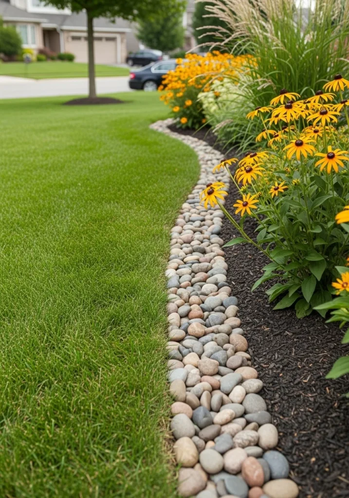 River rock edging along garden bed border in front yard
