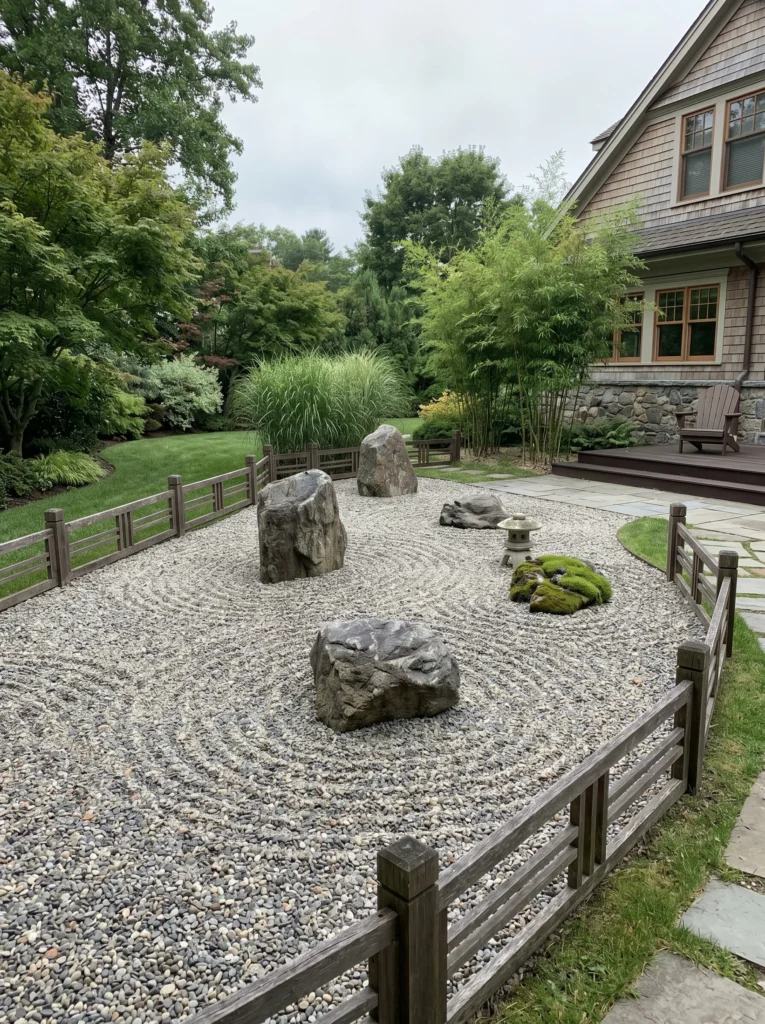 River rock zen garden with raked stones and anchor boulders in backyard