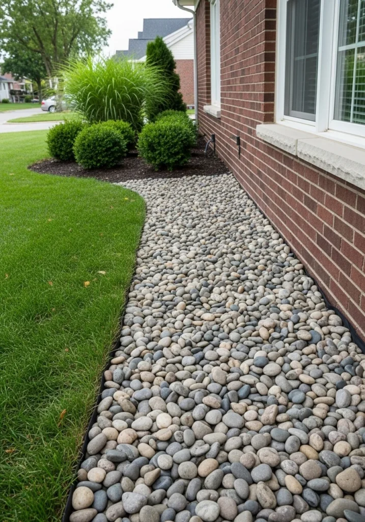 River rock landscaping around house foundation with brick siding