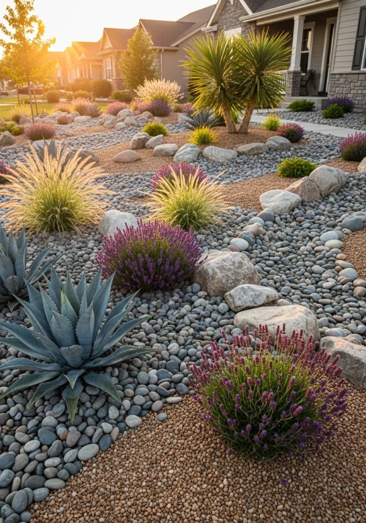 Xeriscape front yard with river rocks, agave, lavender, and ornamental grasses