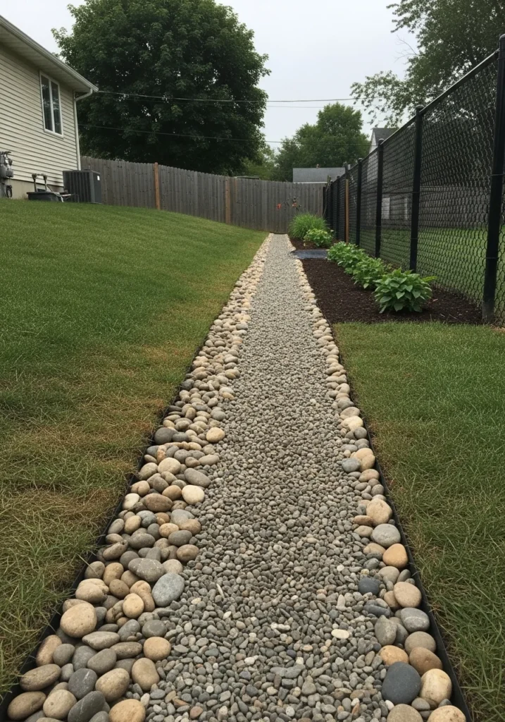 River rock drainage channel in side yard directing water runoff