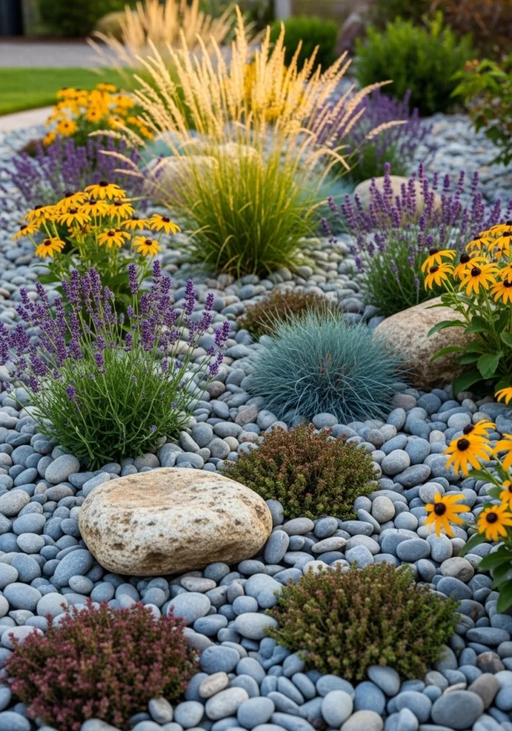 River rock garden bed with lavender, ornamental grasses, and black-eyed susans