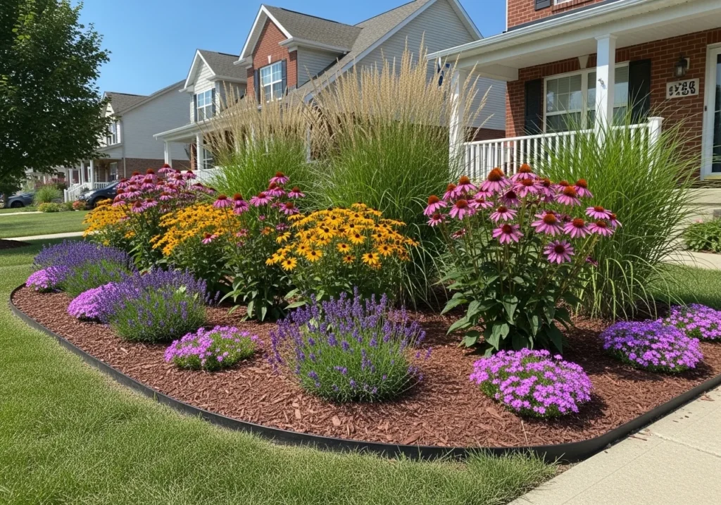 Lush colorful flower beds in front of a house with layered perennials and mulched borders