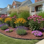 Lush colorful flower beds in front of a house with layered perennials and mulched borders