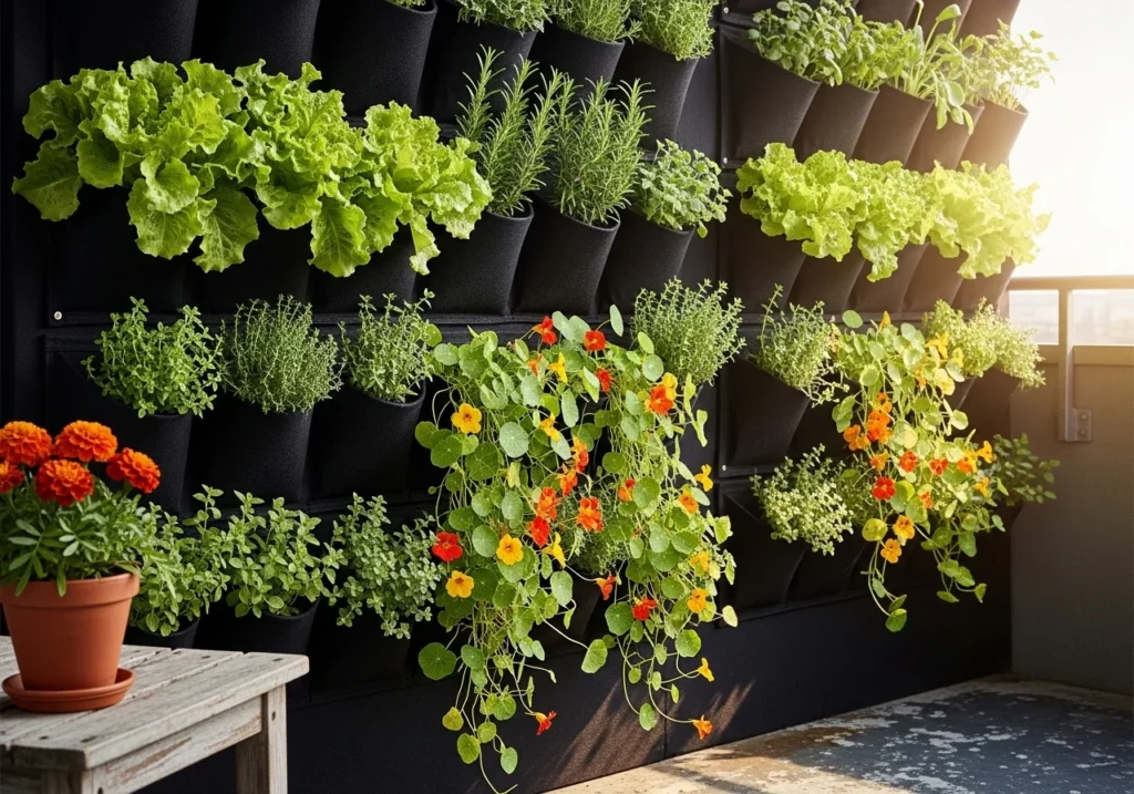 Lush vertical garden with herbs and flowers growing in pocket planters on a sunny apartment balcony