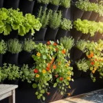 Lush vertical garden with herbs and flowers growing in pocket planters on a sunny apartment balcony