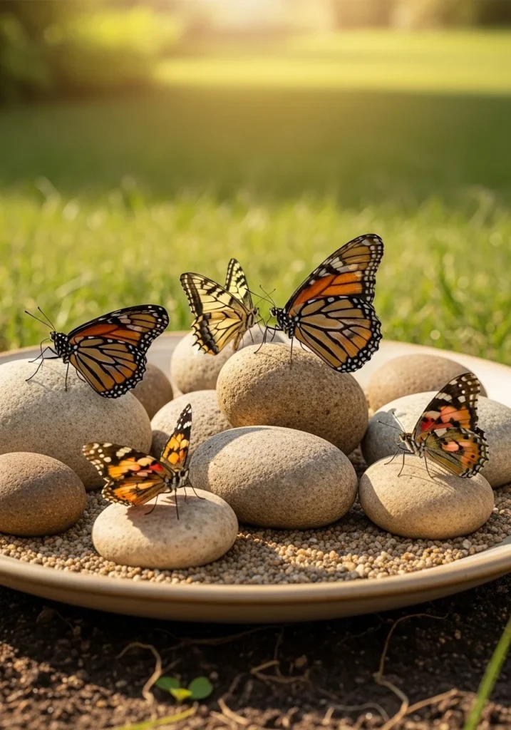 Colorful butterflies gathering at a DIY butterfly puddler in a sunny garden