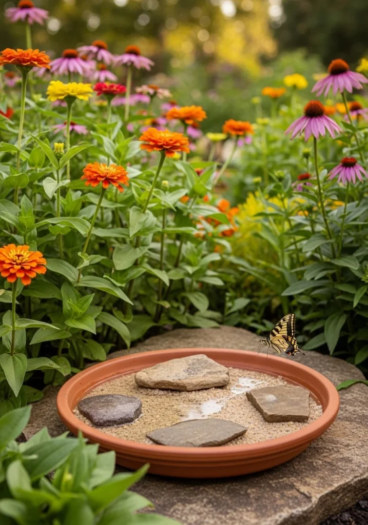 Butterfly puddling station in a sunny garden surrounded by flowering plants