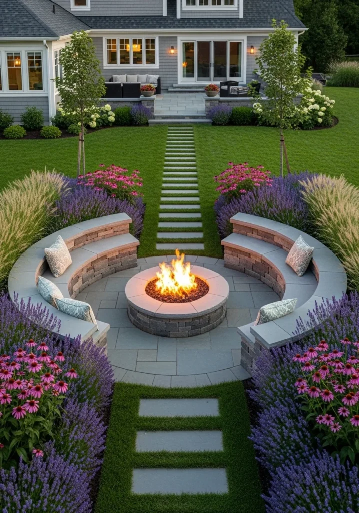 Rectangle backyard ideas with centered fire pit and seating area