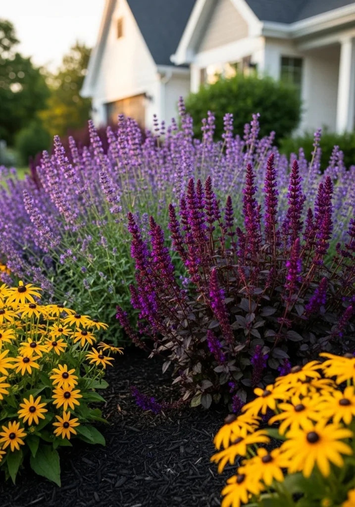 Front yard flower bed with coordinated purple and yellow color palette featuring lavender, catmint, salvia, and black-eyed Susans