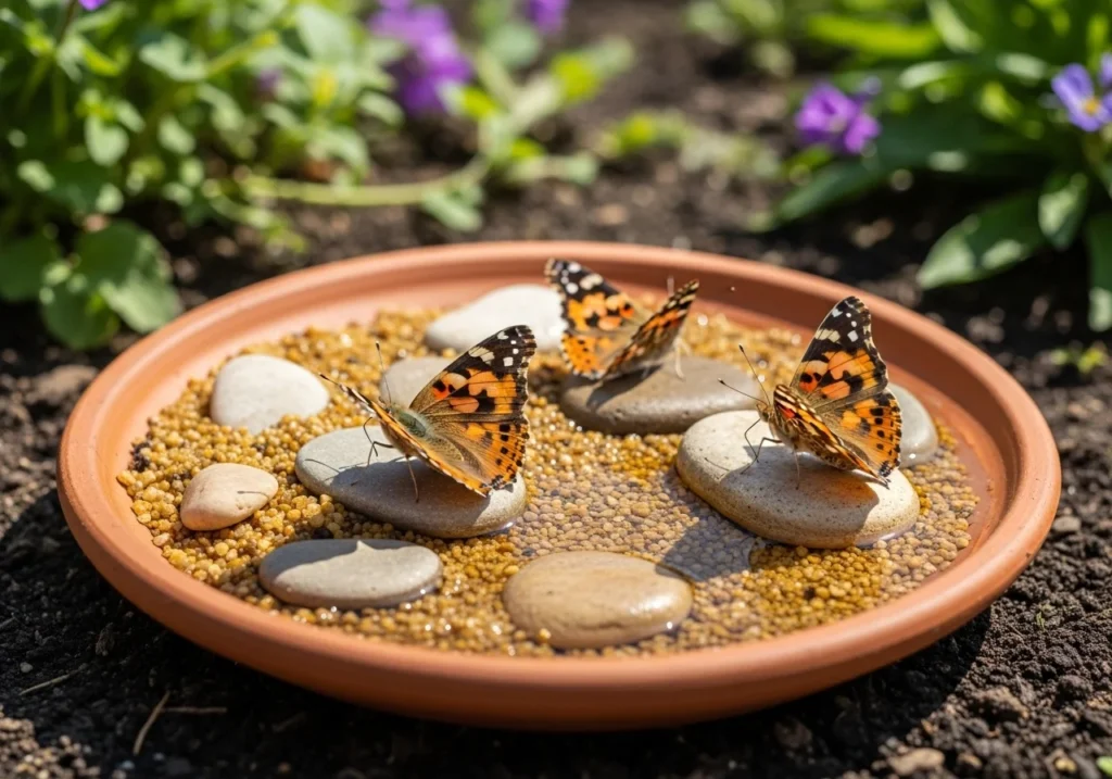 DIY butterfly puddler with rocks and sand in a sunny garden