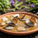 DIY butterfly puddler with rocks and sand in a sunny garden