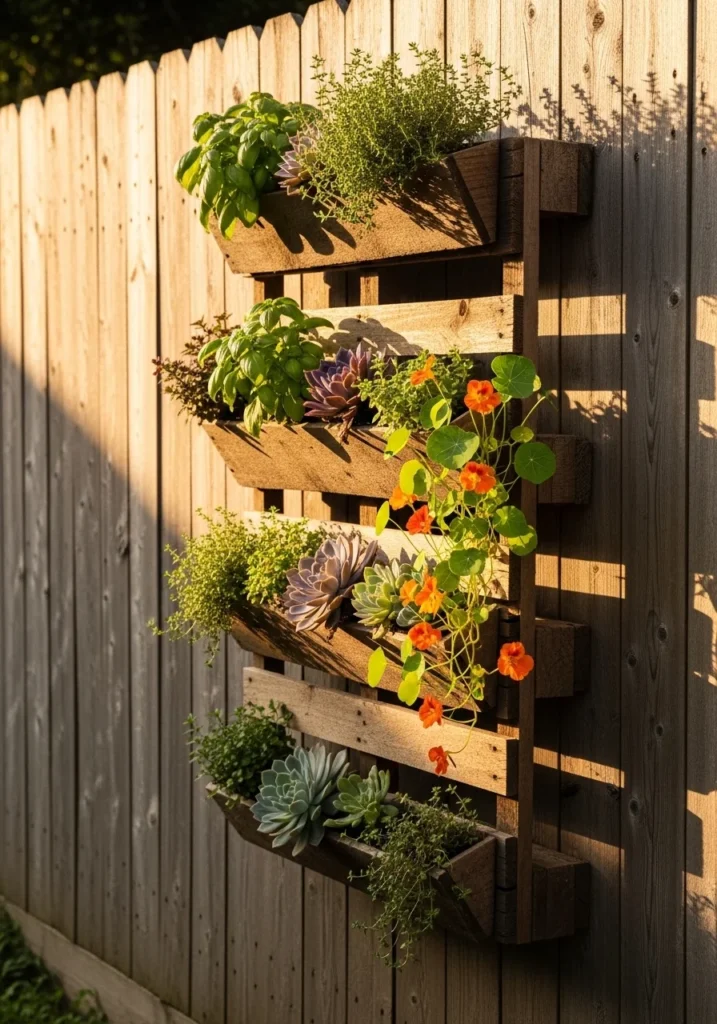 Rustic DIY pallet vertical garden filled with herbs, succulents, and flowers leaning against a backyard fence