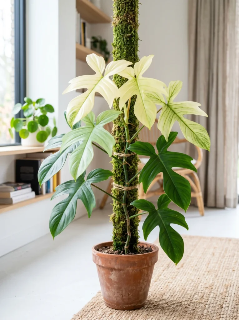 Florida Ghost Philodendron climbing a lush moss pole in a bright indoor setting with white and green lobed leaves
