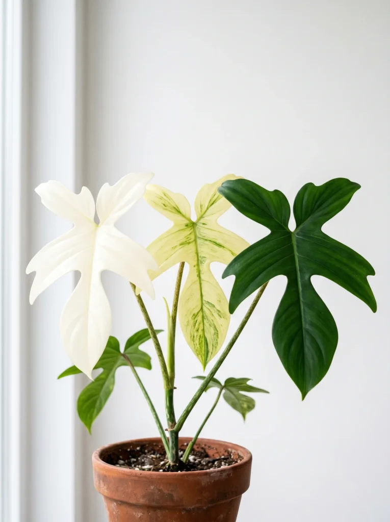 Florida Ghost Philodendron showing white new leaf, yellow-green transitioning leaf, and mature dark green leaf on the same plant
