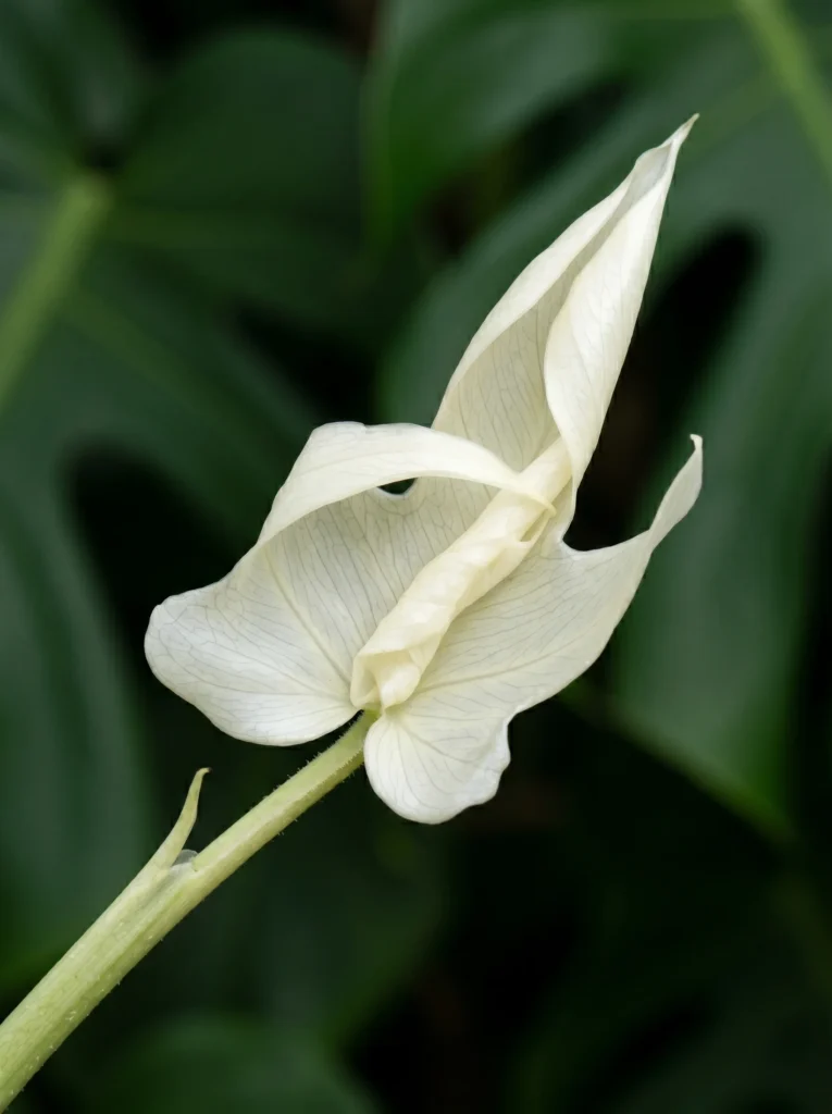 Close-up of a Florida Ghost Philodendron white new leaf unfurling against dark green mature foliage