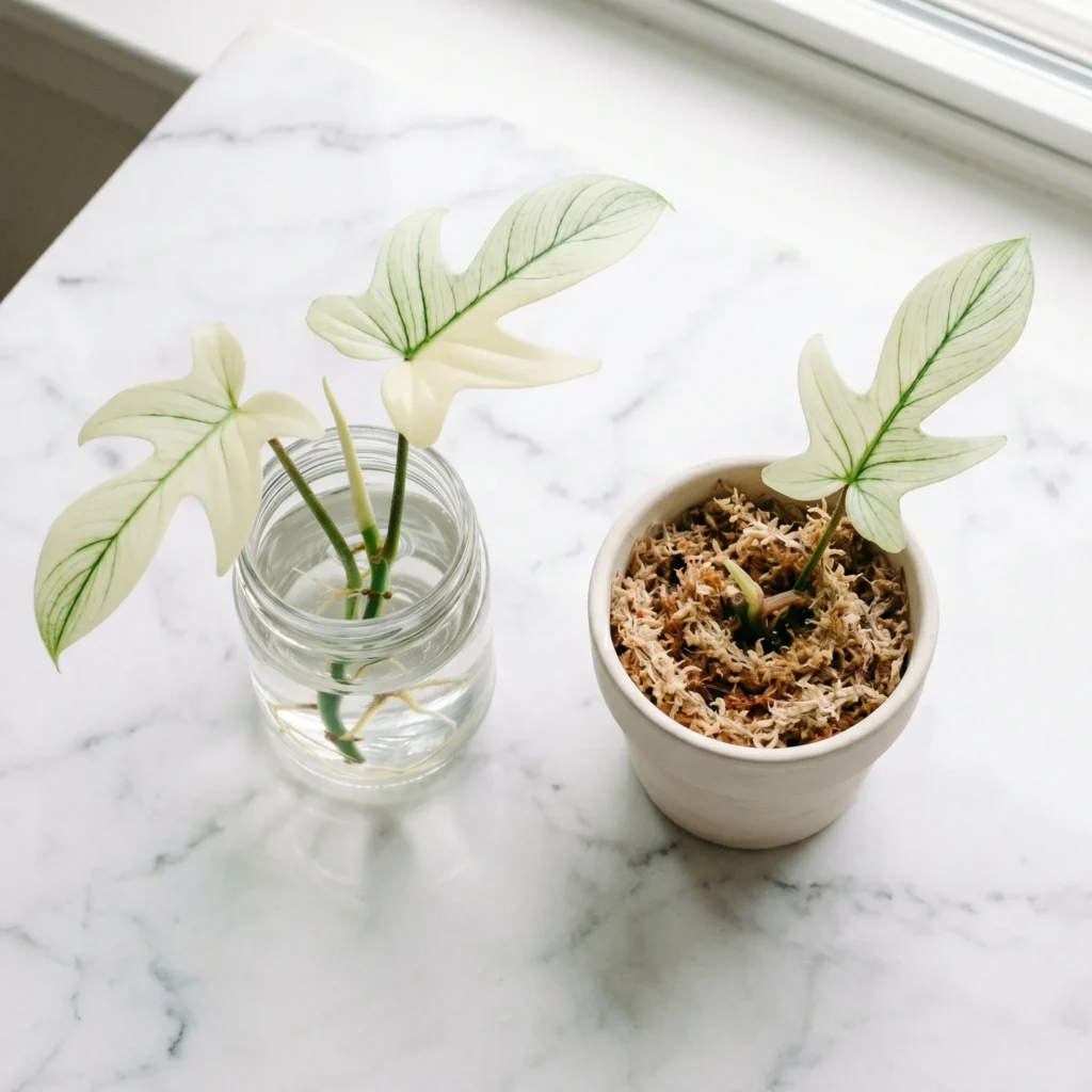 Florida Ghost Philodendron stem cuttings propagating in water and sphagnum moss on a white surface