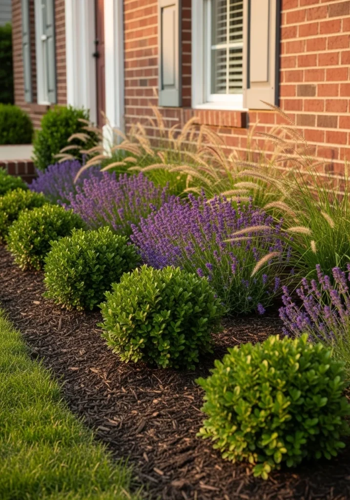 Front foundation planting with evergreen shrubs and colorful perennials
