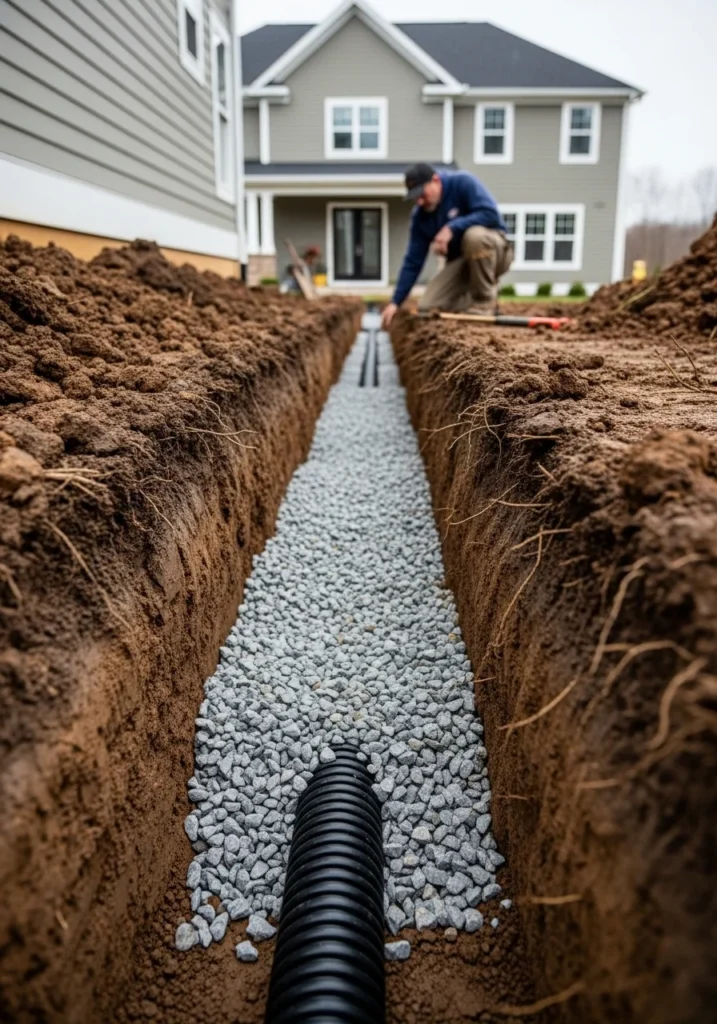 French drain landscaping installation for yard drainage in residential yard