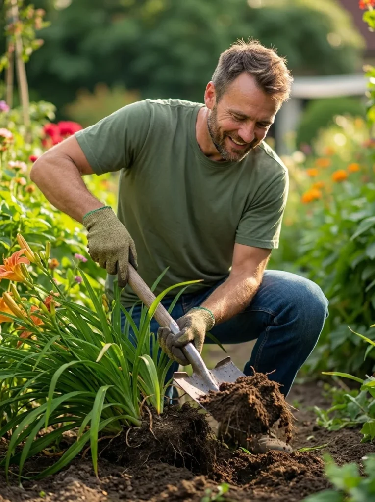 Full Sun Perennial Plan: A bee on a purple salvia flower in a sunny yard.