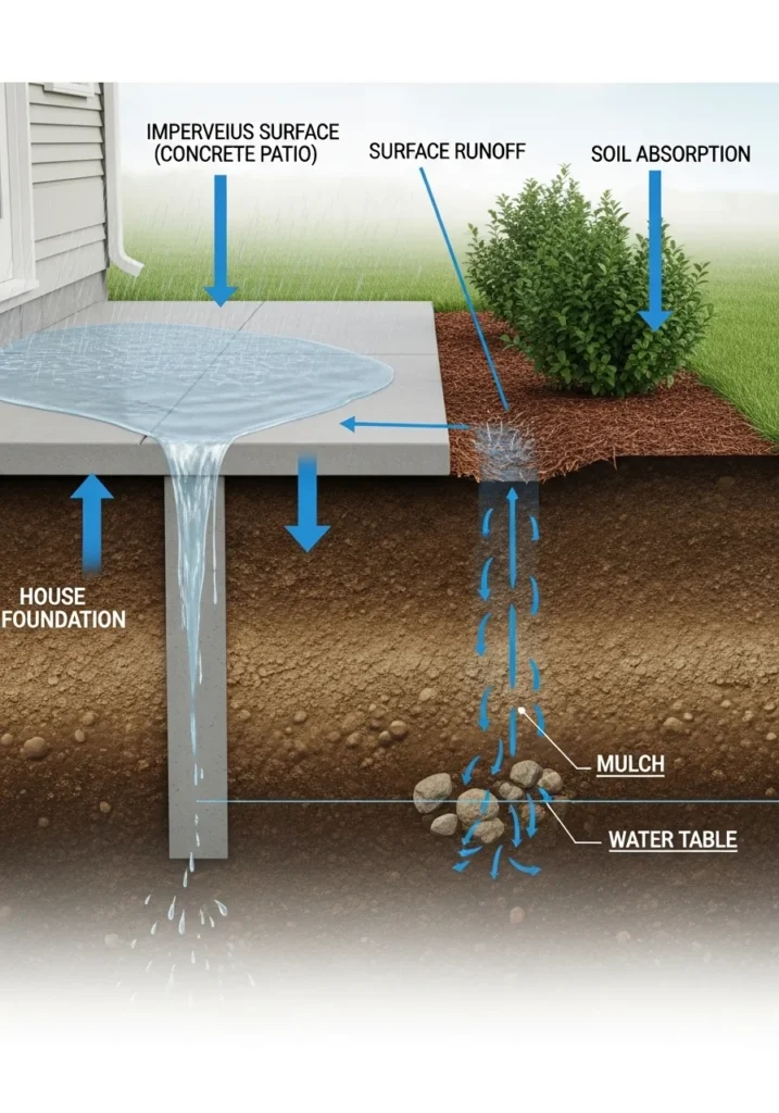 Diagram of water runoff vs absorption in landscaped yard