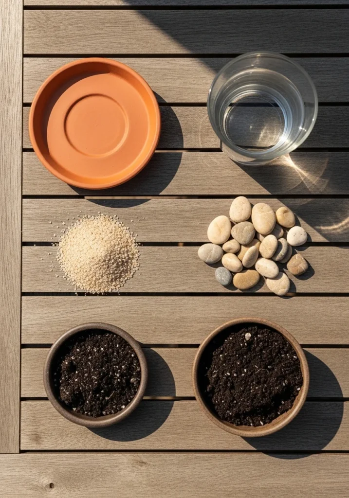 Step-by-step DIY butterfly puddler with sand and flat rocks in terracotta dish