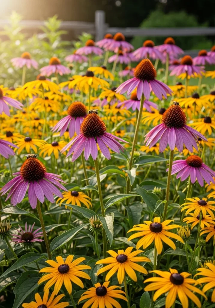A vibrant full sun perennial plan featuring purple coneflower and yellow rudbeckia flowers.