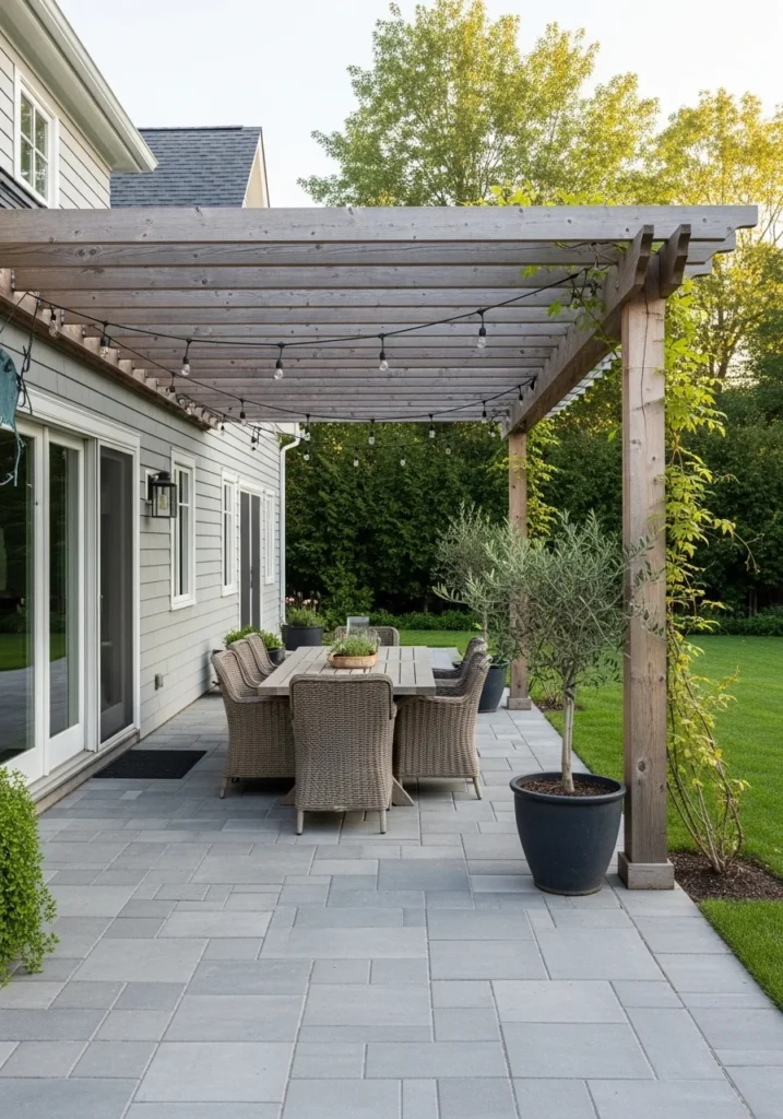 Backyard patio layout for rectangular yard with pergola and string lights