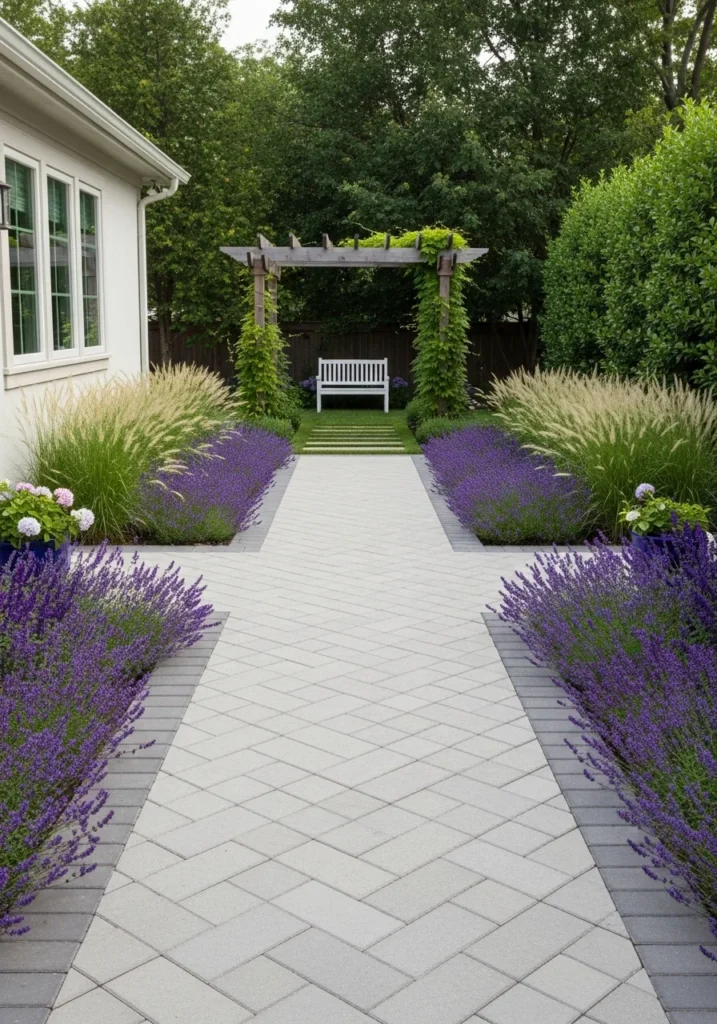 Long narrow backyard layout ideas with diagonal paving and pergola