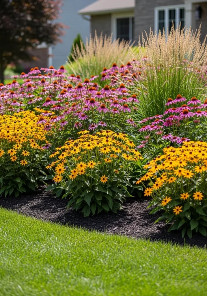 Perennial flower bed in front yard with purple coneflowers, black-eyed