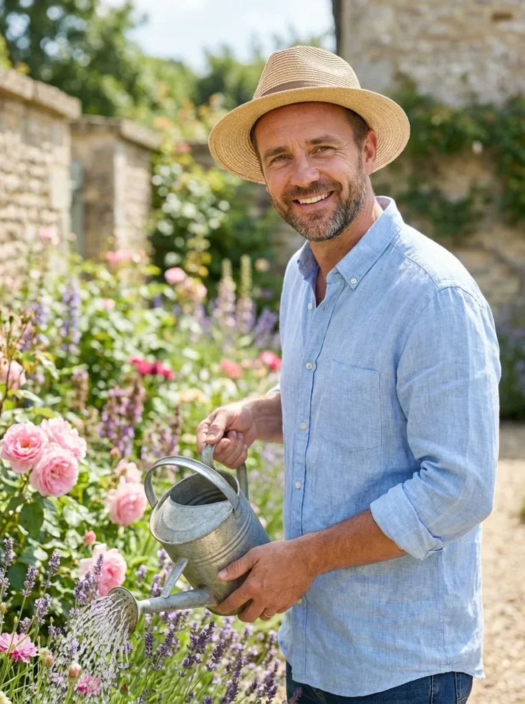 Garden bed with purple and yellow flowers under bright sun.