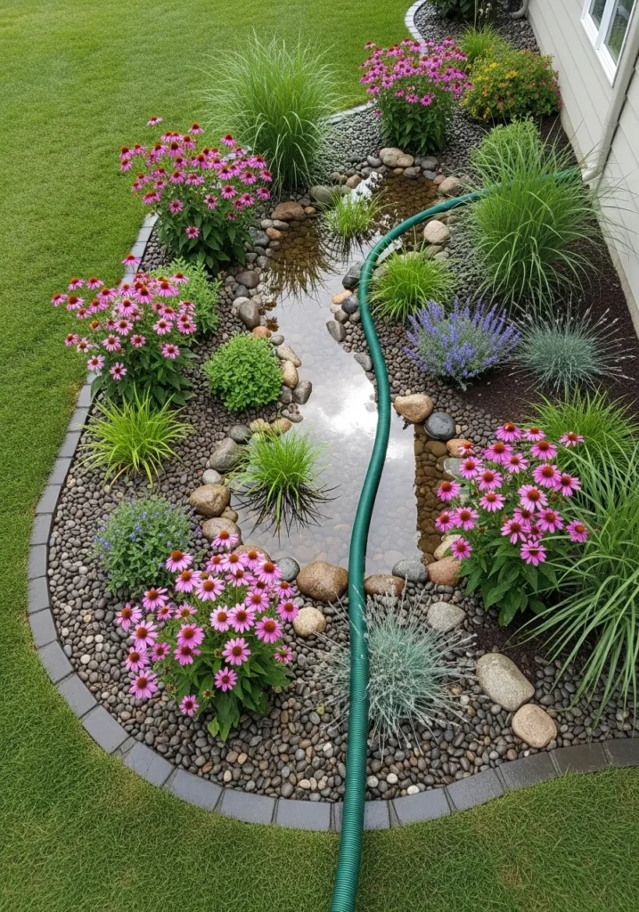 Rain garden landscaping with native plants for water runoff control