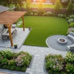 Backyard layout ideas for rectangle yard with zoning, patio, and fire pit