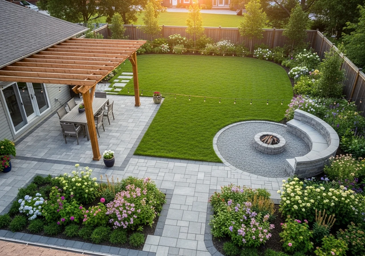 Backyard layout ideas for rectangle yard with zoning, patio, and fire pit