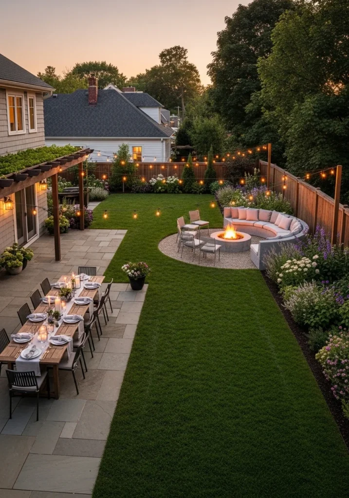 Best rectangular backyard layout for entertaining with patio and fire pit