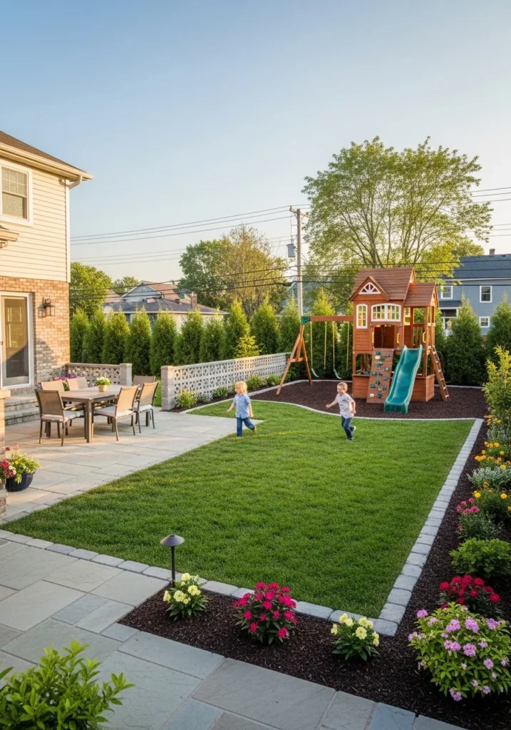Family-friendly rectangle backyard design with play zone and patio