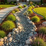 Front yard river rock landscaping with dry creek bed and ornamental grasses