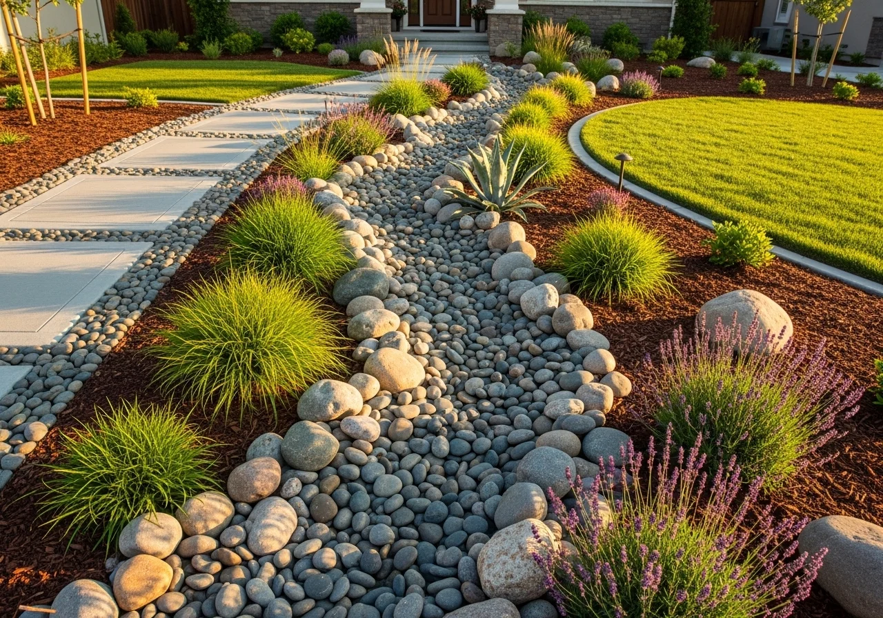 Front yard river rock landscaping with dry creek bed and ornamental grasses