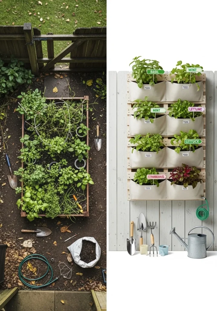 Side-by-side comparison of a small ground garden versus a neat vertical pallet garden showing space savings