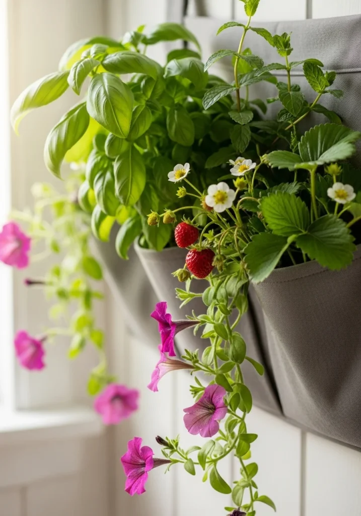 Fabric pocket planter filled with fresh basil, mint, strawberries, and colorful flowers on a white wall